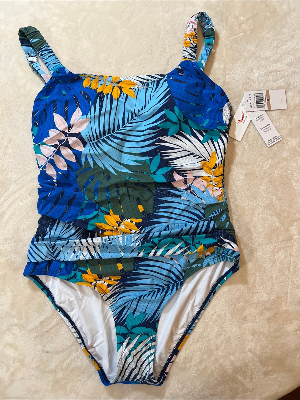 Jantzen Blue Tropical Leaf One-Piece Swimsuit with Tummy Control. Size 12. NWT.